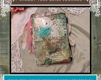 Shabby Teal Bliss Handmade Journal.  Vintage, Art Journal, Write, Spring
