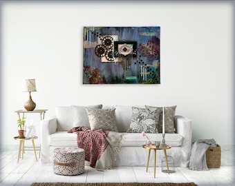 Handmade altered Canvas. 18" x 24" Mixed Media Art, Grunge, Steampunk, Industrial, Time, Home Decor, Wall Art, Blacks and Blues, Vintage