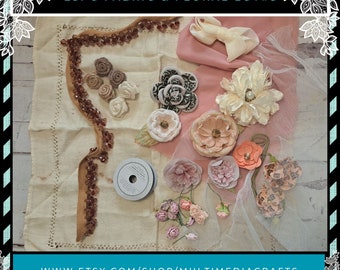 23Pc Fabric & Floral Lot#3.  Junk Journal, Snippet Roll, Mixed Media, Shabby Chic, Lace, Doily, Flowers