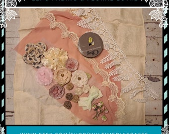 22Pc Fabric & Floral Lot#2.  Junk Journal, Snippet Roll, Mixed Media, Shabby Chic, Lace, Doily, Flowers