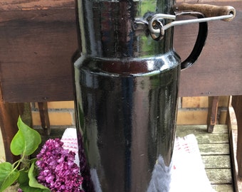 large antique enamel milk jug dark shabby enamel jug collectible enamel farmhouse style brocante country house decoration handle jug