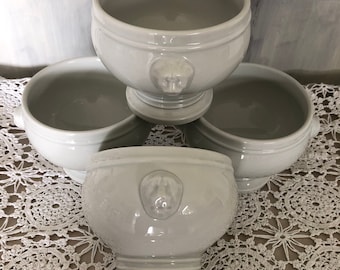 vintage soup cups in a set Pillivuyt France Cafe au lait bowls with lion heads white ceramic french shabby bol cereal bowls with stand