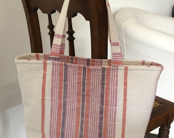 Linen bag handbag tote bag with zipper handle bag summer linen striped handcraft unique piece handmade diekleineManufaktur