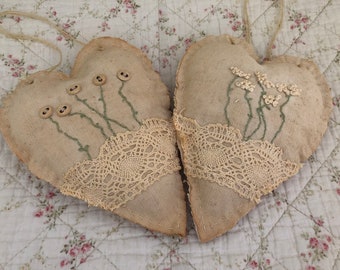 romantic fabric hearts made of linen in a set nostalgic decoration lace handmade brocante hearts shabby chic gift idea embroidered hearts