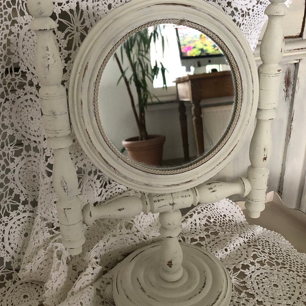 vintage Schminkspiegel Tischspiegel schwenkbar white vintage shabby chic boudoir Spiegel Standspiegel mit Kugelfüßen gedrechselt brocante