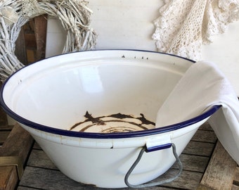 vintage enamel wash bowl with metal handles wash tub enamel bowl planter mini pond shabby brocante cottage farmhouse garden