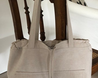 stone grey fabric bag with outside pockets office look handle bag with linen drawstring bag handmade unique piece vintage cotton fabric