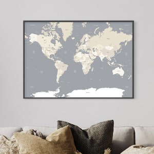 Large Grey & Earthy World Map Wall Art A1 Print Home Decor