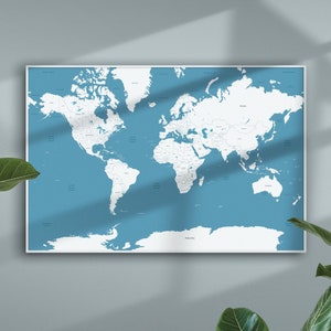 Blue & White Large Travelling Map of the World Print Wall Art Home Decor Poster