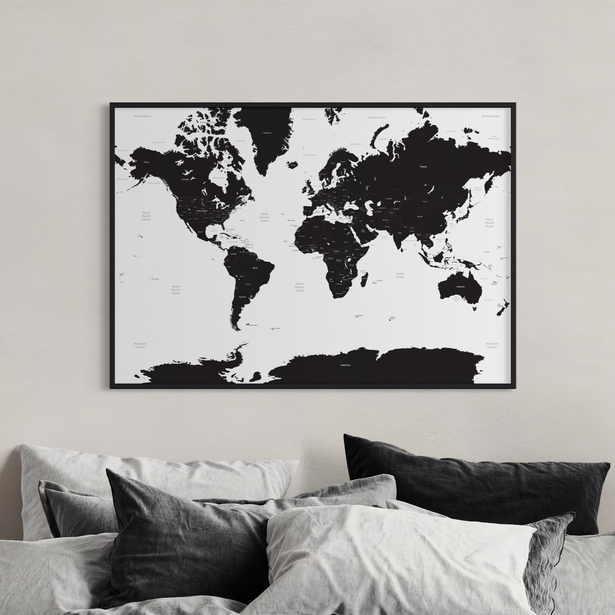 White & Black Map of the World Wall Art A1 Poster Print Large Etsy UK
