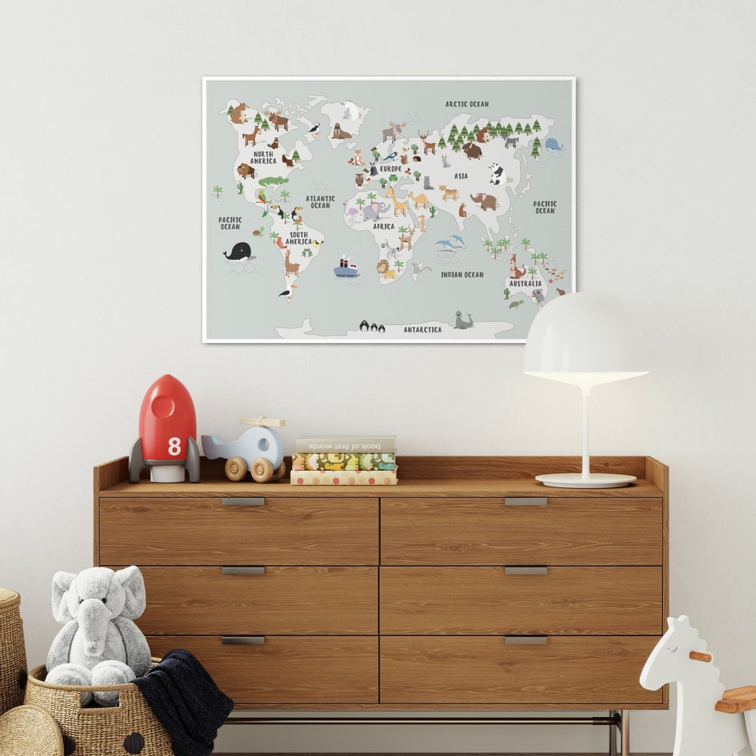 Children's Animal Map Print for Nursery Kids Room Wall Art A3 & A1 ...