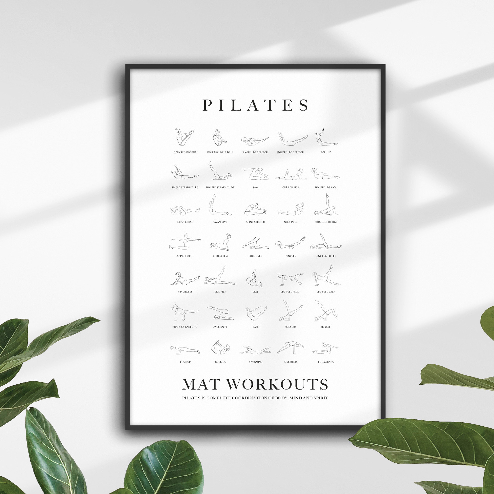 Pilates Mat Workout Print With Line Art Figure Poses Home Studio