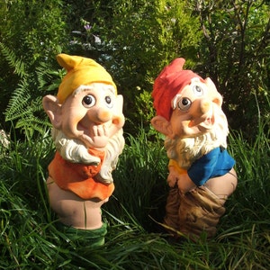 Op de afbeelding: Twee tuinkabouters, een met een gele hoed en een oranje shirt, de ander met een rode hoed en een blauw shirt, staan in een grasachtig gebied.