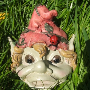 Puede incluir: Una figurita de gnomo de jardín caprichosa con un sombrero rojo, hojas verdes y una mariquita en el sombrero. El gnomo tiene una cara amigable con cabello castaño y ojos grandes.