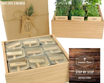 Custom Garden Kit, Herb & Tomato + Handcrafted Cedar Planter Box Pot to Grow Starter Plants Fun Indoor Window Gardening Plant Lover Gift Set