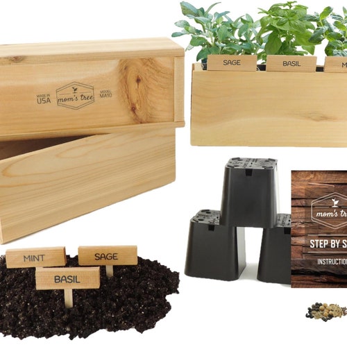 Pick 3 Herbs Garden Seed Starter Kit Cedar Wood Indoor-Outdoor Planter Box Pot for Kitchen Window Balcony Windowsill Patio Gardening or Gift