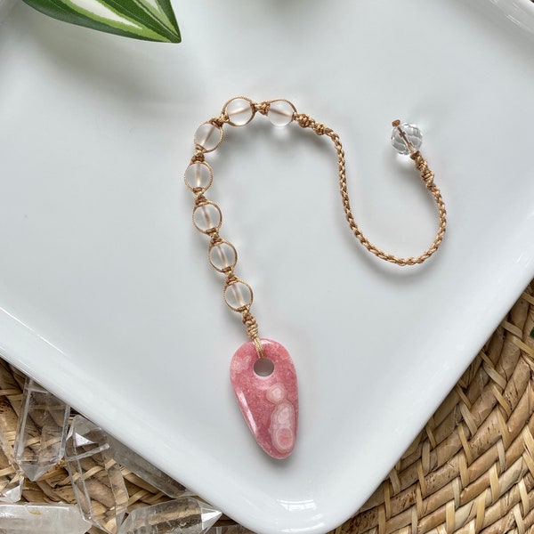 Rhodochrosite Pendulum with  Clear Quartz - OOAK Handmade Macrame Pendulum - Divination Altar Tool - Altar Beads