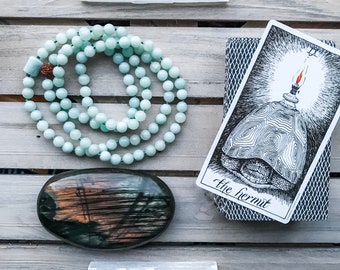 Everyday Meditation Bundle - Meditation Kit - Mala - Selenite - Palo Santo - Gemstone - Hand Knotted Mala - 27 Bead - 54 Bead - 108 Bead