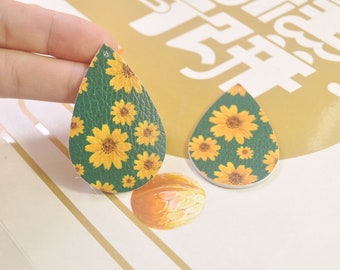 Sunflower Genuine Leather Tear Drops Leather Shapes for Earring Making 4 Pairs of Leather Teardrops Floral Black and Yellow