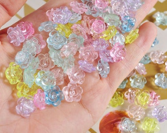 100/200 cuentas de flores transparentes, pequeñas cuentas 3D de 12 mm con orificio posterior, cuentas de plástico acrílico de colores transparentes para la creación de joyería floral.