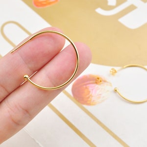 2Pcs+ 18K Gold Plated Ball End Earrings，ball end open hoop earrings，Ball End Classic Earrings， C Shape，Brass Earring With Backs DIY,30mm