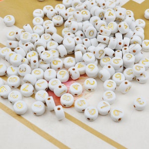 200 peças 7mm contas redondas de número branco, padrão de contas de números acrílicos, contas espaçadoras de acrílico, contas de número de ouro para colar pulseira joias faça você mesmo