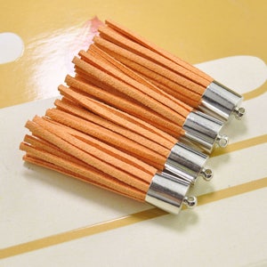 20pcs Light orange Leather Tassel Fiber Tassel Fringe Tassel with Silver Cap Charms,keychains  necklace or earrings tassel pendant--51x10mm