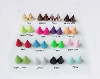 May include: Assortment of 16 cone-shaped metal studs in various colors, including gold, silver, bronze, gun metal, neon yellow, rose, purple, orange, red, sky blue, green, light pink, light green, white, black, and aqua.