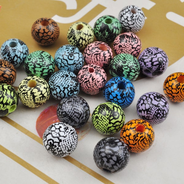 Snake Skin Print Wood Beads，16mm Mixed Color Snake Skin round wooden beads,Round ball wooden beads, Spacer Beads for DIY Bracelet Necklace
