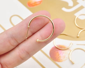 2Pcs+ 18K Gold Plated Ball End Earrings，ball end open hoop earrings，Ball End Classic Earrings， C Shape，Brass Earring With Backs DIY,25mm