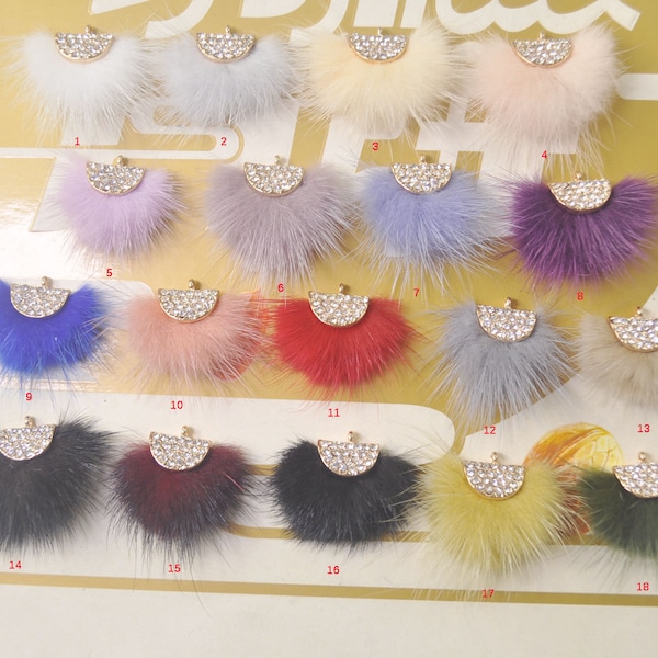 6PCS - Mixed Color Fur Fan Shape with Rhinestone, Faux Mink Pom pom Tassel supply for earrings,Mink Fur Fan Tassel Charm Pendant