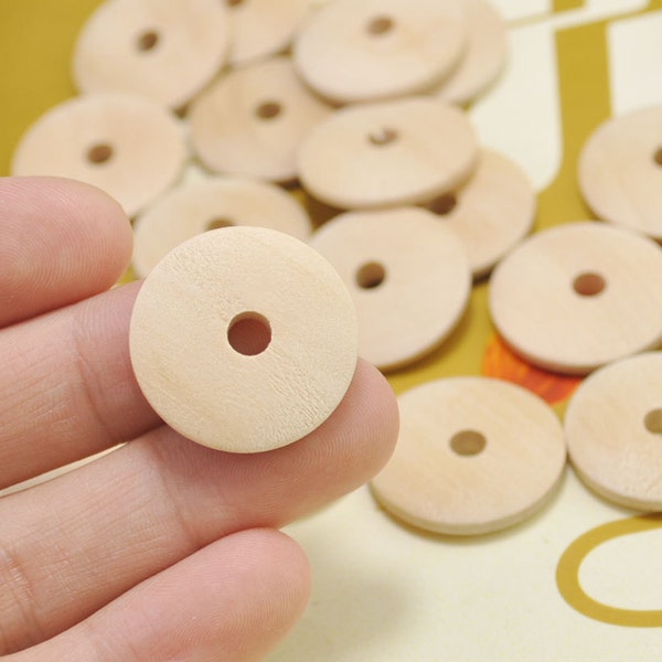 30pcs 25mm Flat Round Wood Bead Pendant,Natural Wood Circles Wooden discs Unfinished round disk Bead, Middle hole handmade bead supplies