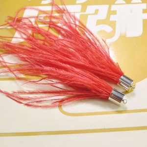2pcs Red Ostrich Feather Tassel Pendant, Ostrich Feather Earring/Necklace ,Silve Metal Cap,Feather Tassels for Jewelry Making.