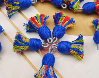 Cordon de cordon en coton bleu à pompons de haute qualité, pompons en coton torsadés mélangés, pompons courts et épais, bohème, ethnique, pompons boucle d'oreille/collier/bracelet
