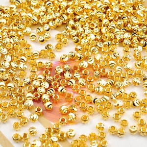 18k Real Gold Plated 3mm Gold Handmade Bali Style Faceted Round Beads, 18k Gold Beads, Round Brass Beads,18K Spacer Beads For Jewelry Making