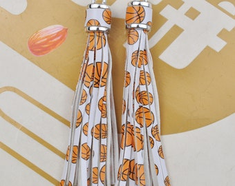 2Pcs Orange&White Basketball Tassels,10cm PU Leather Tassels,Silver Cap Handmade Leather Thread Tassel,Keychain Bag Charm Tassel Pendant