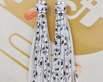2Pcs Black&White Football Tassels,10cm PU Leather Tassels,Silver Cap Handmade Leather Thread Tassel,Keychain Bag Charm Tassel Pendant