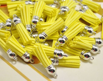 20pcs 38mm Yellow Faux Suede Tassels,Silver Caps Faux Leather Charms,Fringe Tassels,Suede Leather Tassels pendant,Mini Tassel Craft-V2EL44