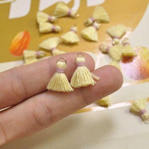 20pcs 1.5cm Cotton tassel,Mini Tassels,Tiny Mini tassels,light yellow tassel,Bracelet/ Earring Charms,Gold Jump ring,Tassel for Jewelry,VH23