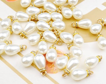 10Pcs-100Pcs Teardrop Pearl Pendant, Faux pearl chams with rhinestone cap Jewelry Finding,10x20mm