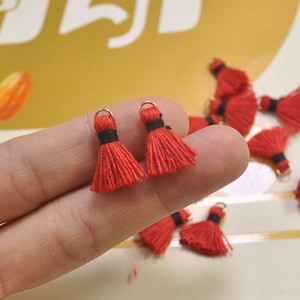 20pcs 1.5cm Cotton tassel,Mini Tassels,Tiny Mini tassels,Red tassel,Bracelet/ Earring Charms,Gold Jump ring,Tassel for Jewelry, VH06