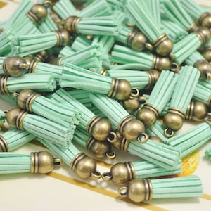 20pcs 38mm Aqua Mini Leather Tassels,suede tassels,small fringe tassels,tassel charms,jewelry tassels,antique bronze capped fringe tassels