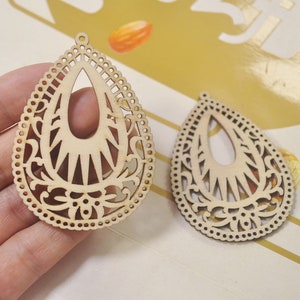 8Pcs wood filigree flower teardrop earring pendants,Natural wooden Water drop pendant ,Jewelry necklace pendant supply, 67x49mm