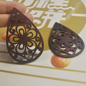 8Pcs Brown Filigree Teardrop Earring Wood Dangle/ Wooden Charm/Pendant --71x46mm