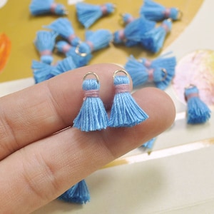 20pcs 1.5cm Cotton tassel,Mini Tassels,Tiny Mini tassels,Sky blue tassel,Bracelet/ Earring Charms,Gold Jump ring,Tassel for Jewelry,VH31