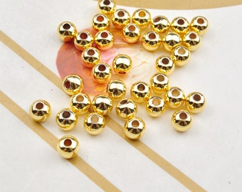 Perles rondes plaquées or véritable 18 carats, 6 mm en or 18 carats, breloques perles d'espacement 18 carats, collier bracelet de perles rondes en laiton pour la fabrication de bijoux à faire soi-même