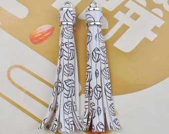 2Pcs Black&WhiteVolleyball Tassels,10cm PU Leather Tassels,Silver Cap Handmade Leather Thread Tassel,Keychain Bag Charm Tassel Pendant