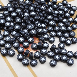 200Pcs Star Beads,7mm Little Black Round Shape White Star Acrylic Beads,for Necklace Bracelet DIY Jewelry