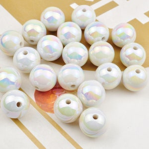 Shiny AB Plated Acrylic Beads,White Round Gumball Bubblegum Beads,16mm,Charm Beads for Keychain,Loose Beads For Jewelry Making DIY Findings