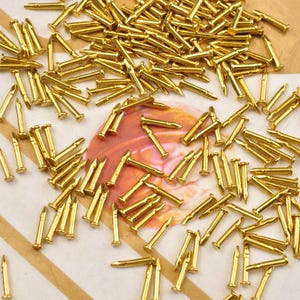 May include: A large quantity of small, gold-colored tacks or nails scattered on a light brown surface. The tacks are about 1 inch long and have a pointed tip.